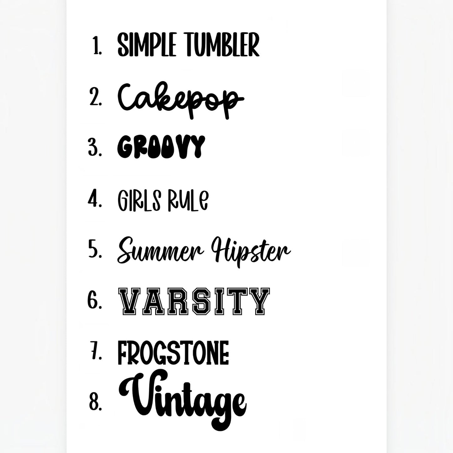 12th Ave Design Co. font selection guide for custom nametags and keychains featuring eight distinct typography styles