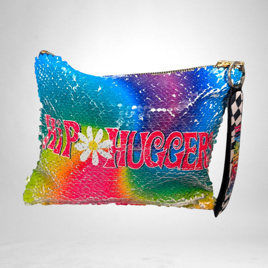 12th Ave Design Co. personalized zippered pouch with rainbow sequin fabric, daisy graphic, and wristlet strap.