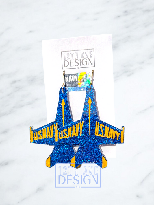 Blue Angels jet earrings large gold hooks