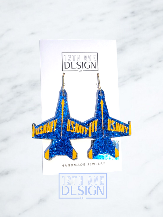 Blue Angels Earrings front view on white