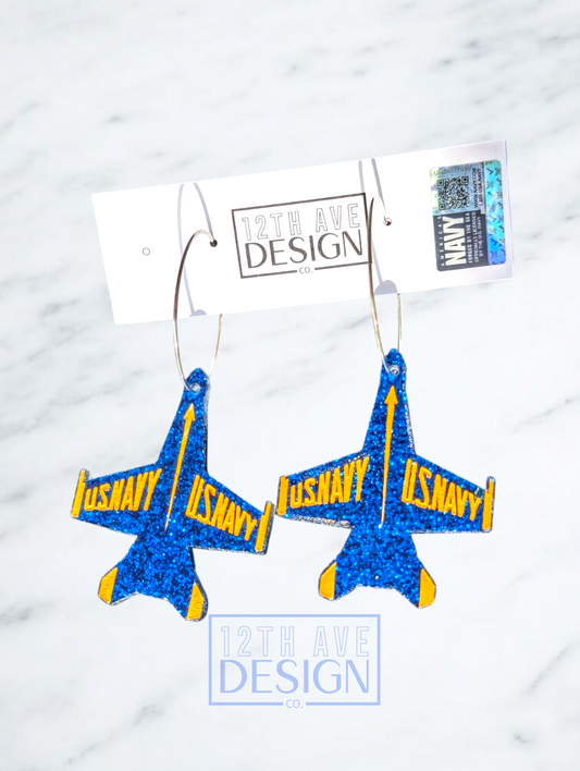 Blue Angels Jet earrings front view on silver hoops