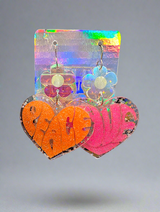 Pink and Orange peace and love earrings