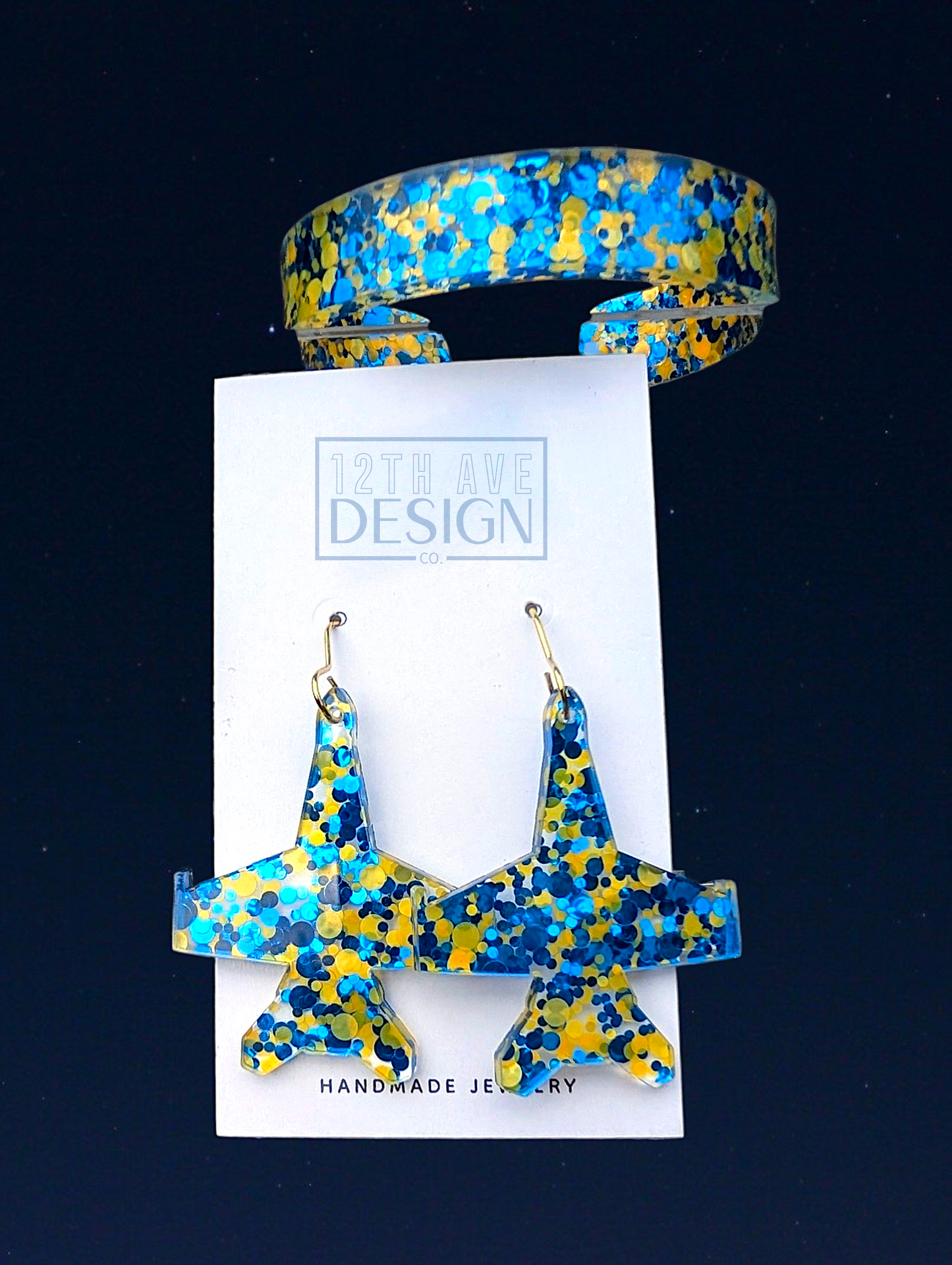 Blue and yellow glitter dots jets earrings