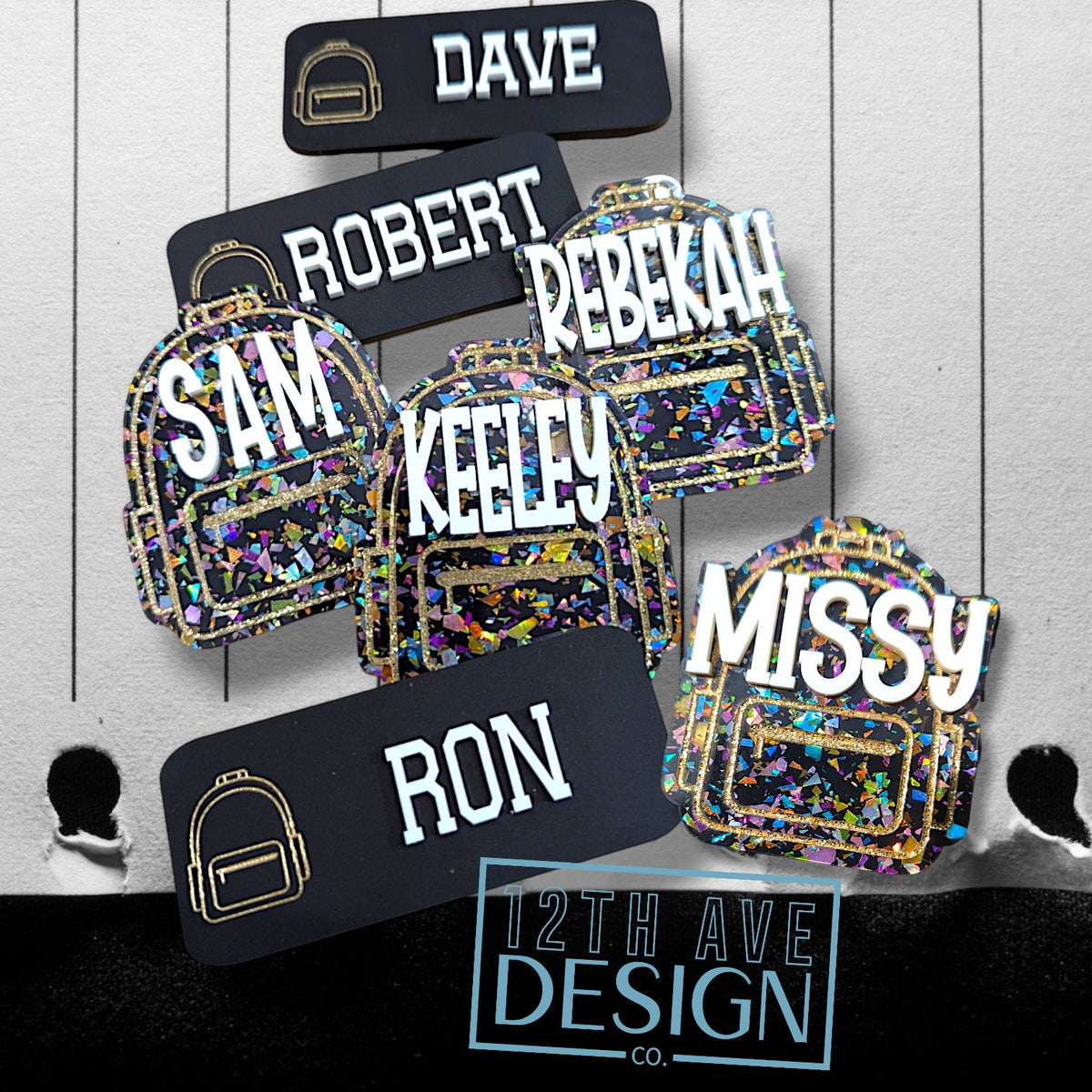12th Ave Design Co. custom acrylic backpack keychains and name tags with glitter accents and personalized names.