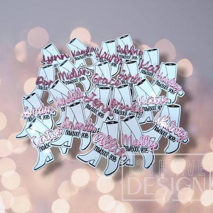 12th Ave Design Co. custom acrylic cowboy boot keychains with personalized pink names for a group event