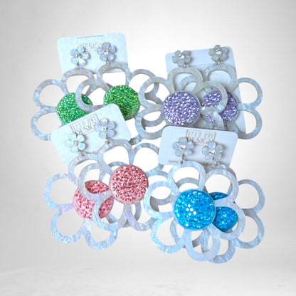 12th Ave Design Co. custom flower earrings with white pearlescent petals and colorful glitter centers