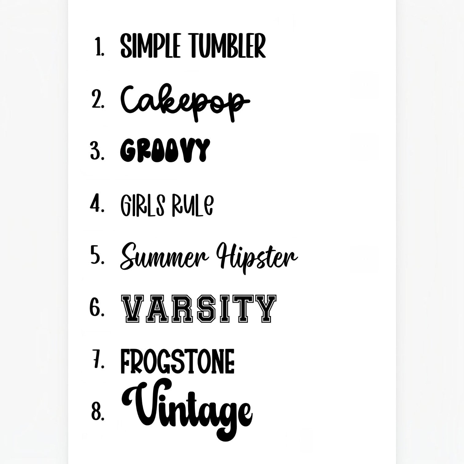 12th Ave Design Co. font selection guide for custom nametags and keychains featuring eight distinct typography styles