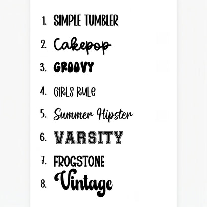 12th Ave Design Co. font selection guide for custom nametags and keychains featuring eight distinct typography styles