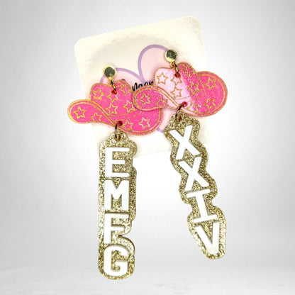 12th Ave Design Co. custom pink glitter cowboy hat earrings with gold glitter EM G and XXIV letter charms.