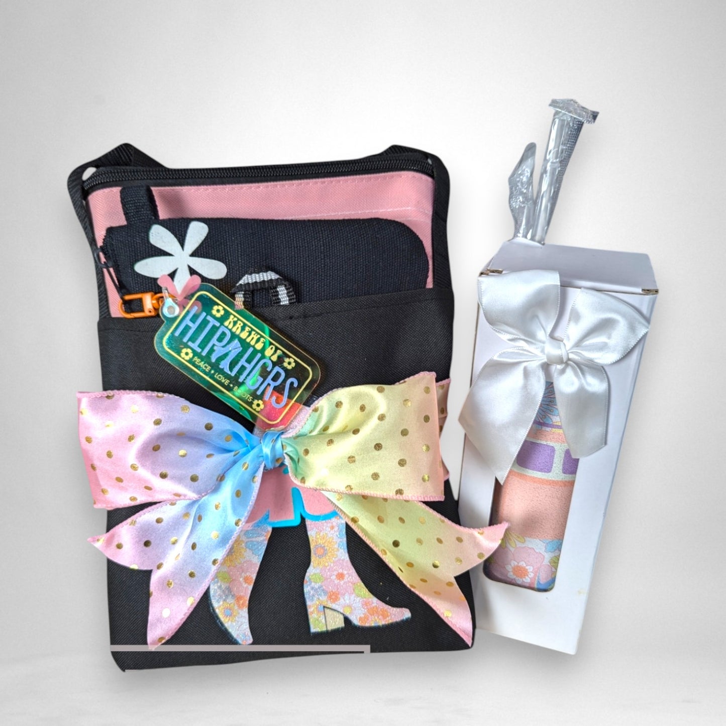 12th Ave Design Co. KOHH Groovy Girl gift set featuring a personalized black tote bag, pouch, and tumbler in a box.