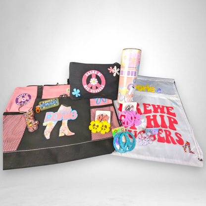 12th Ave Design Co. Groovy Girl gift set featuring a personalized tote bag, tumbler, zippered pouch, and earrings.