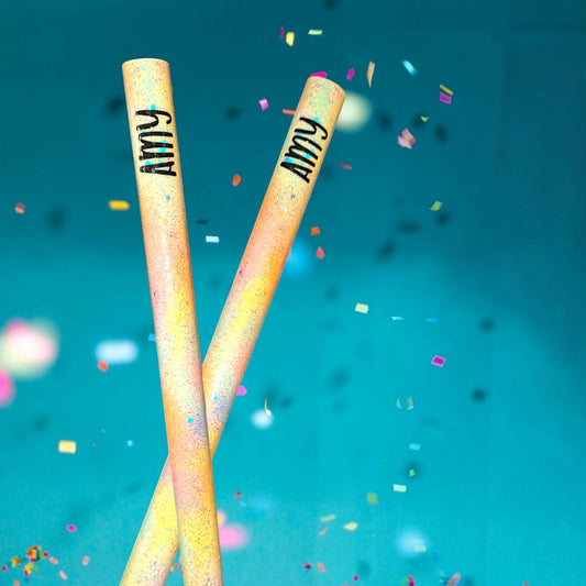 12th Ave Design Co. personalized glittery yellow and pink bead peg extenders for float riders with Amy name detail