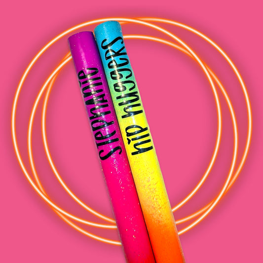12th Ave Design Co. personalized glitter peg extenders for Hip Huggers floats in vibrant pink and rainbow gradient