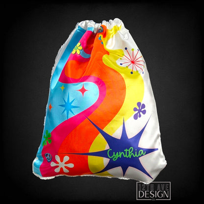 12th Ave Design Co. personalized drawstring bag with colorful groovy retro 70s patterns and starburst designs