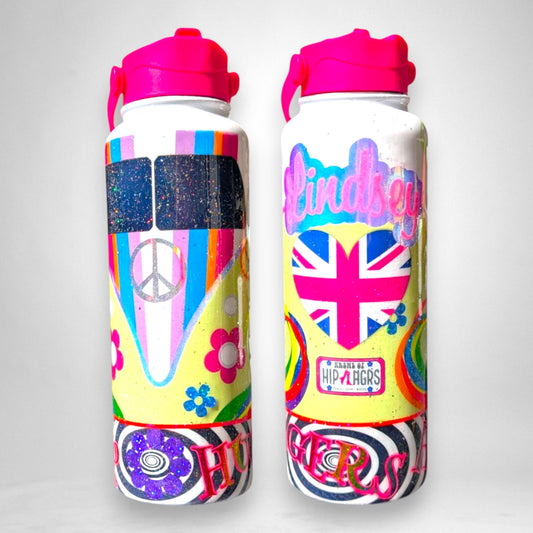 12th Ave Design Co. personalized 40oz stainless steel sport bottle with groovy bus and peace sign glitter epoxy art