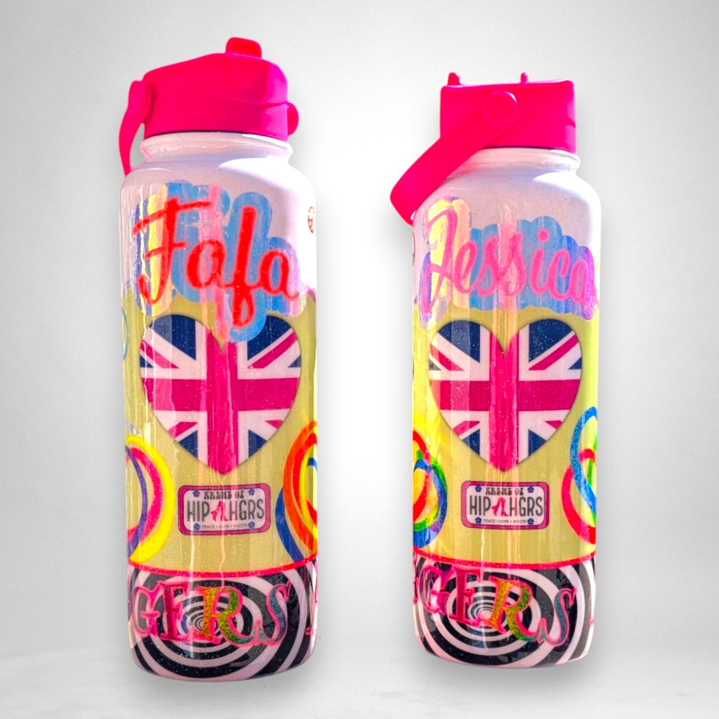 12th Ave Design Co. personalized 40oz stainless steel sport bottles with groovy, glittery KOHH bus-themed designs.