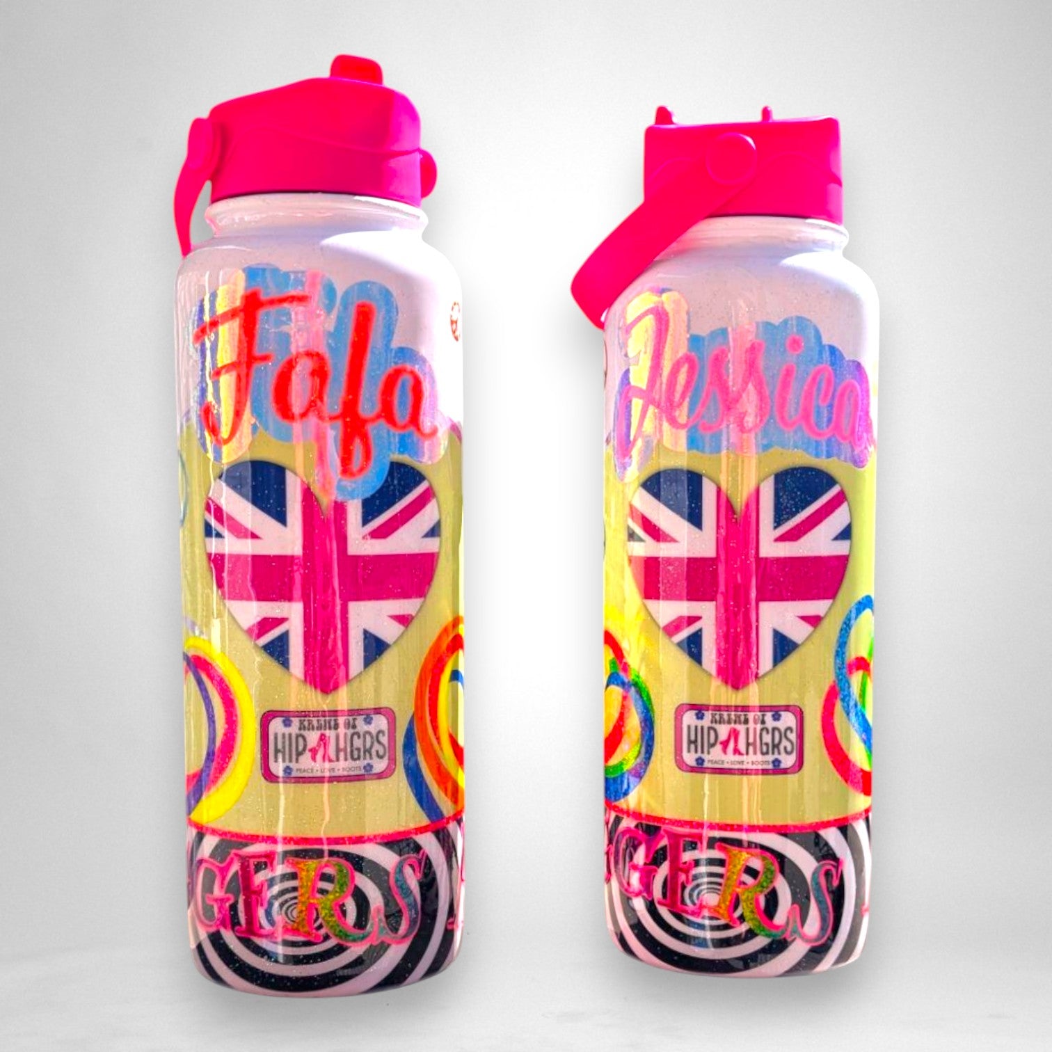 12th Ave Design Co. personalized 40oz stainless steel sport bottles with groovy, glittery KOHH bus-themed designs.