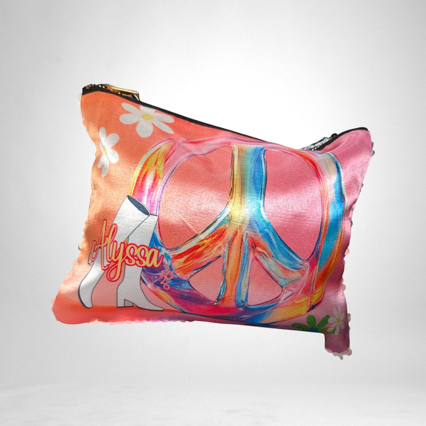 12th Ave Design Co. personalized zippered pouch featuring a groovy peace sign, white boots, and floral print.