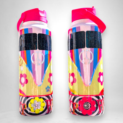 12th Ave Design Co. 40oz stainless steel sport bottle featuring a colorful retro bus design with groovy floral accents
