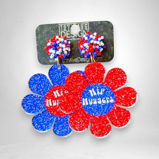 12th Ave Design Co. RWB daisy earrings with red and blue glitter acrylic flowers and beaded pom-pom studs.