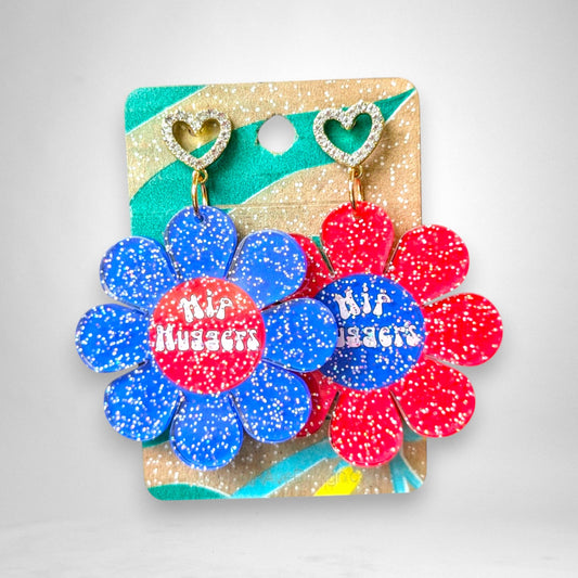 12th Ave Design Co. RWB edition KOHH logo daisy earrings with iridescent glitter acrylic and heart-shaped studs.
