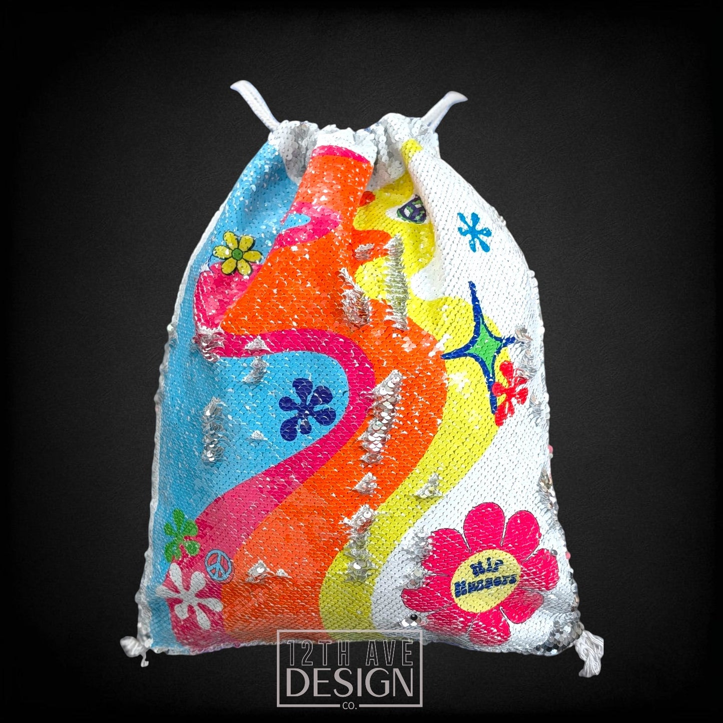 12th Ave Design Co. personalized sequin drawstring bag with colorful retro groovy floral and wave patterns