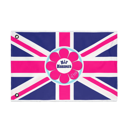 12th Ave Design Co. double-sided Union Jack flag with a pink flower graphic and Hip Huggers text on polyester fabric.