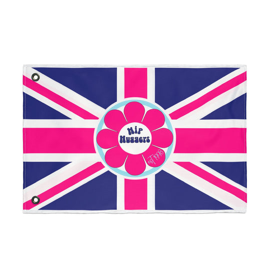 12th Ave Design Co. double-sided Union Jack flag with a pink flower graphic and Hip Huggers text on polyester fabric.