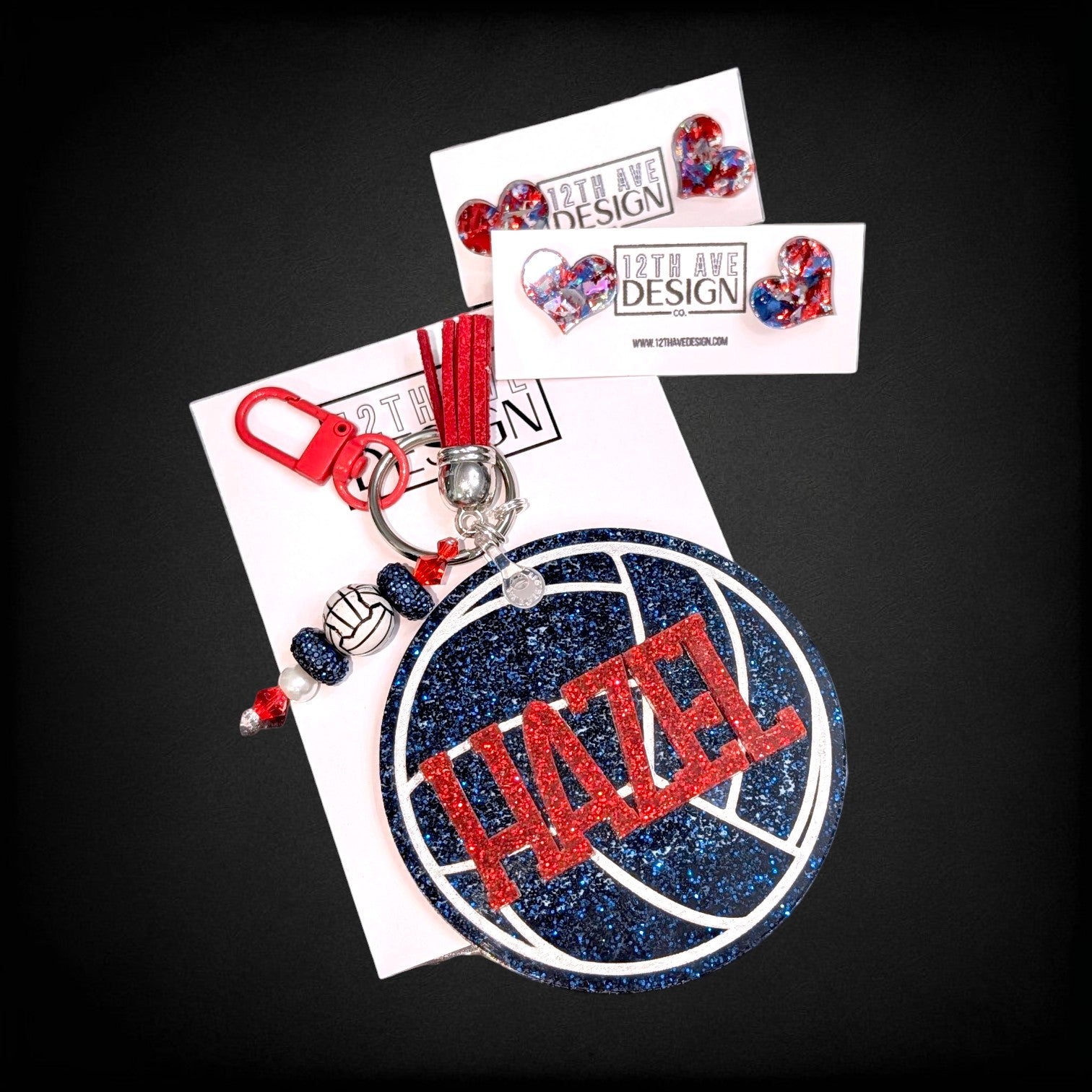 12th Ave Design Co. custom glitter volleyball keychain with red name Hazel and matching heart earrings