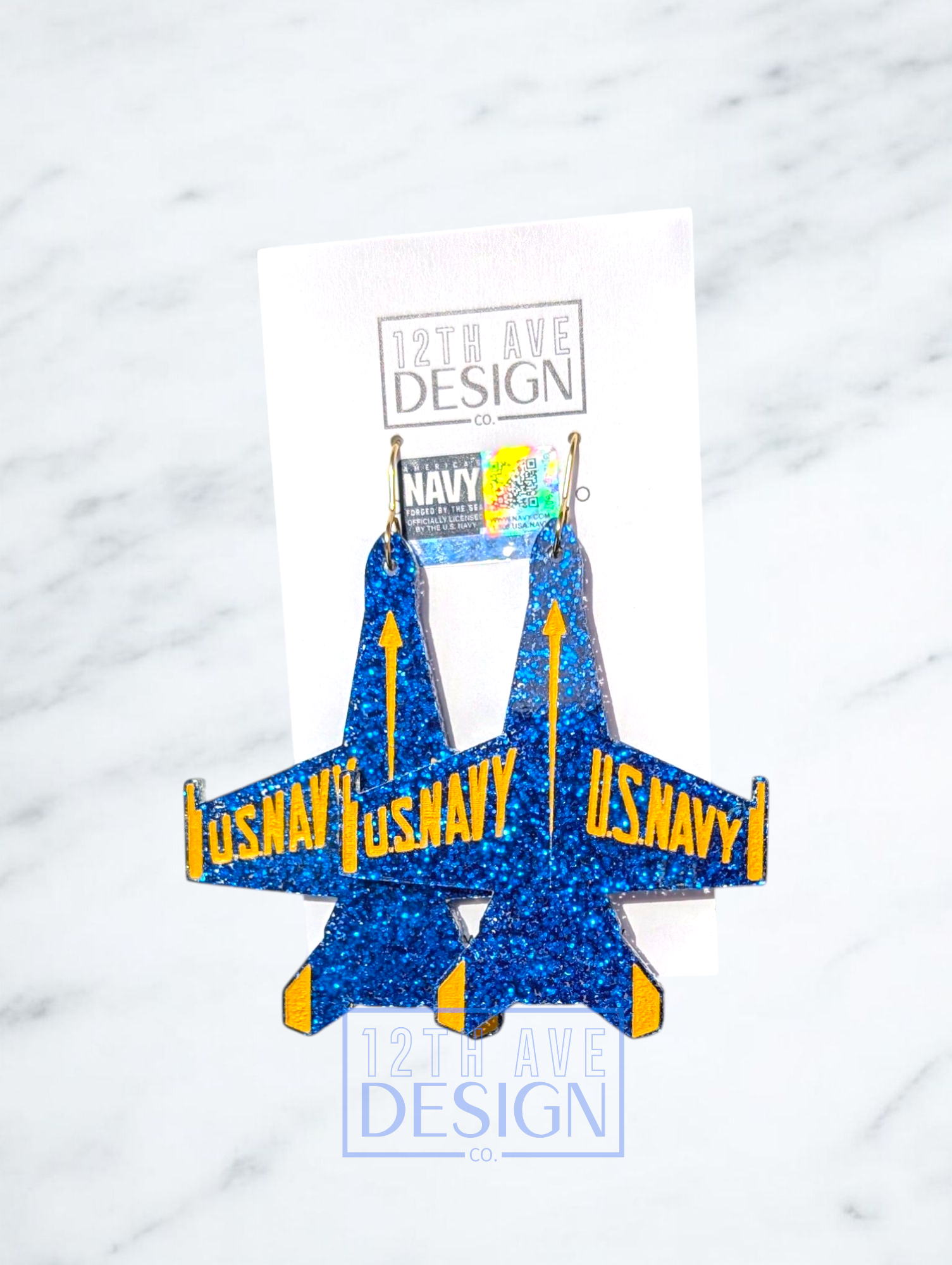 Blue Angels jet earrings large gold hooks