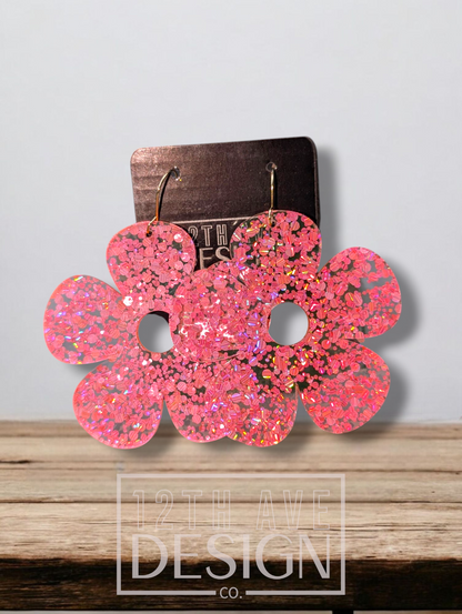 Coral Pink Glitter Daisy Earrings front view 