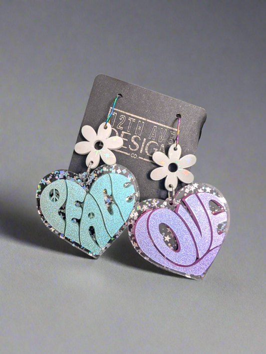 Retro Pastel Peace Love Earrings White Daisy Accents Customizable