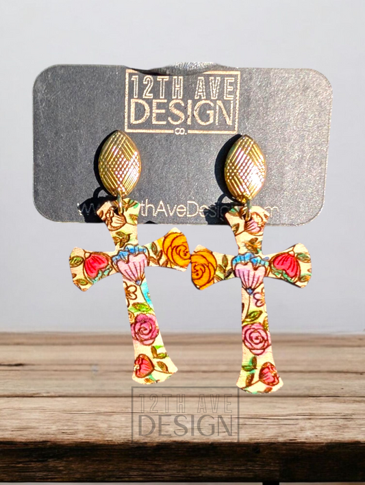 Painted Wood Cross Earrings