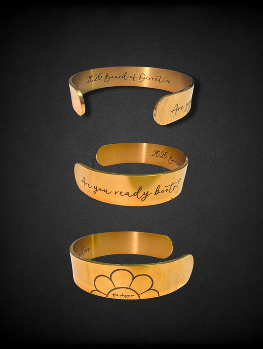 Gold bangle bracelet with personalized engraving from three angles 